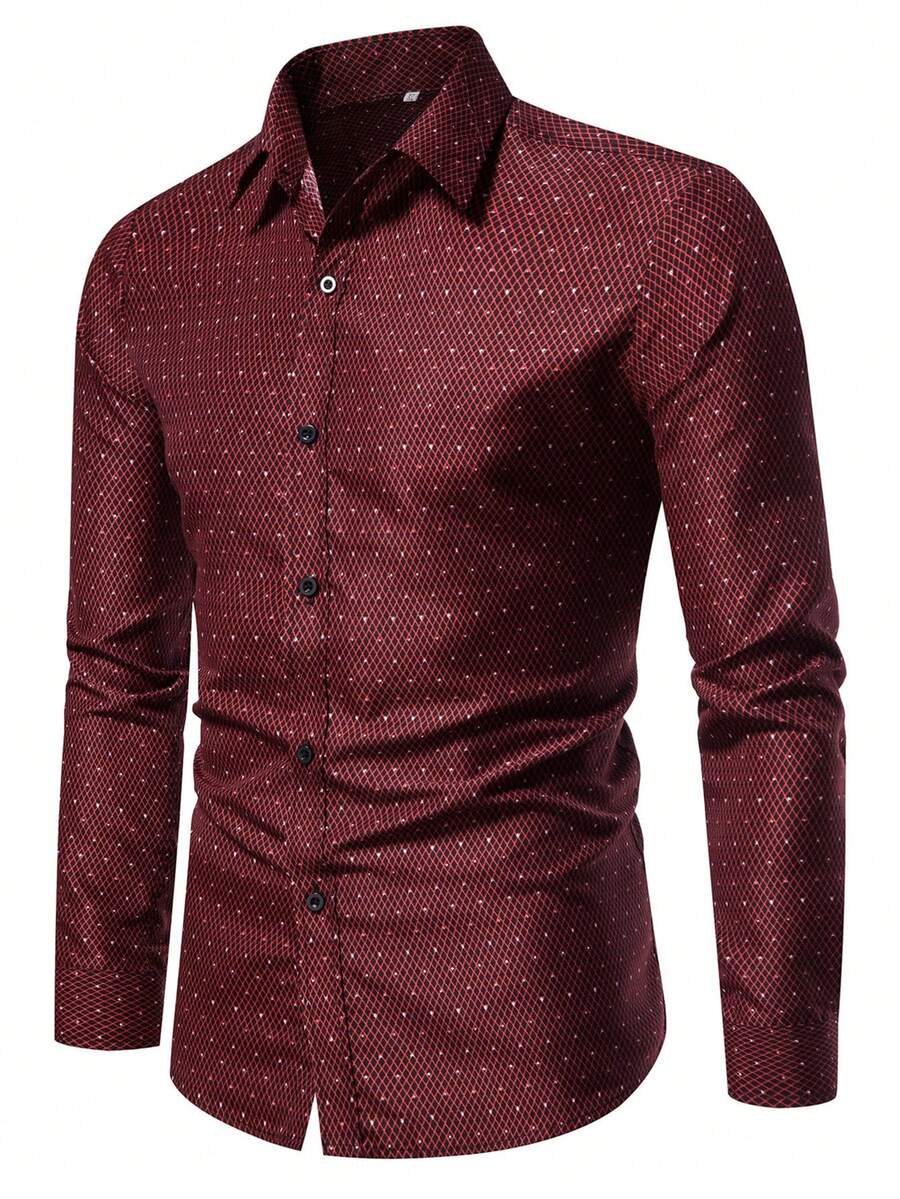 Calvornis Men's Business Commute Diamond Pattern Long Sleeve Shirt - Burgundy - View 1
