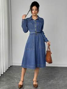 Elenzga Women's Solid Color Casual Long Sleeve Denim Dress - Blue - View 5