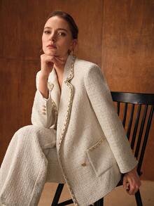 MOTF PREMIUM TWEED CHAIN DETAIL STRUCTURED BLAZER - White - View 8