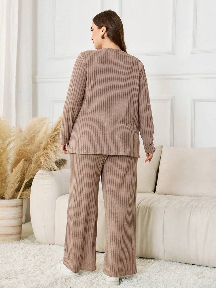 Lacomfia Conjunto de 2 peças com Blusa de Moletom de Gola Redonda de Manga Longa Confortável e Casual para Mulheres Plus Size e Calça de Tricô Elegante - Caramelo - Visão 2