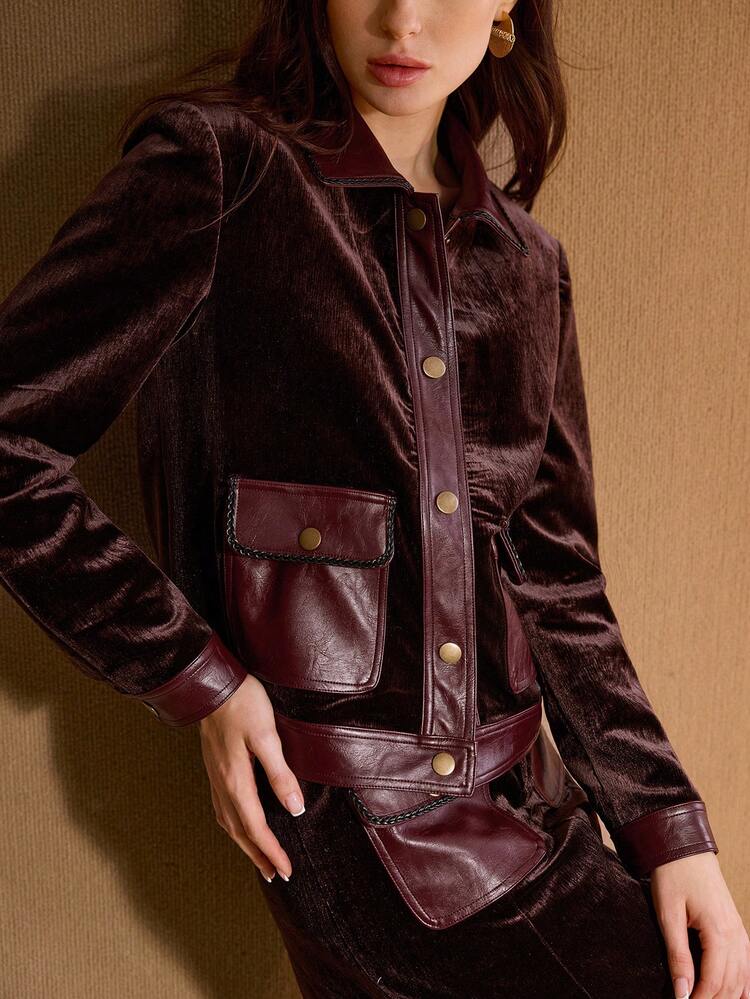 WOMEN'S SOLID COLOR VELVET PATCHWORK LEATHER DECORATIVE ROPE POCKET ELEGANT LONG SLEEVE JACKET