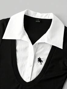 SHEIN EZwear 休闲简约马匹图案印花二合一衬衫领连体衣（女款） - 彩色 - 查看 4