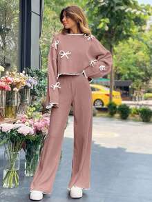 EURMUSE 2pcs Bow Decor Contrast Trim Knitted Sweater And Pants Set - Dusty Pink - View 3