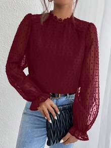 SHEIN Frenchy 女士时尚休闲优雅波点长袖衬衫，夏季圣诞新年红色，红色上衣，圣诞酒红色，女士红色上衣，圣诞女士酒红色衬衫，春季 - 酒紅色 - 查看 5