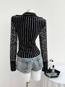 SHEIN Unity Women's Fashionable Commuter Lace Patchwork Striped Shirt, Autumn - Black - View 2