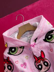 THE POWERPUFF GIRLS X SHEIN Tween Girl Cute Cartoon All-Over Print Long Sleeve Hooded Flannel Robe With Belt - Baby Pink - View 3