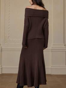 Zanirela Vintage Aesthetic Off Shoulder Textured Loose Knit Sweater Paired With Pleated Flared Maxi Skirt 2-Piece Set - Coffee Brown - View 6