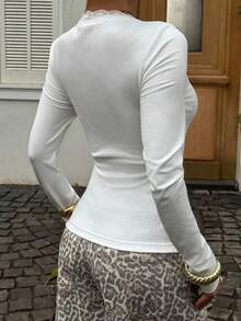 SHEIN EZwear 女式甜美蕾丝边长袖 T 恤，修身款三扣休闲白色 T 恤，秋冬 - 白色 - 查看 5