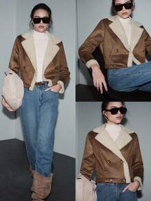 SHEIN Luminelle 秋冬短款人造毛皮外套，鹿皮绒，双排扣腰部设计，带纽扣的肩带 - 彩色 - 查看 7