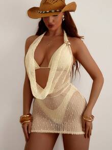 Sirith Bộ 3 món dành cho nữ: Đầm hở lưng dệt kim màu trơn + Bộ bikini tam giác cúp ngực màu sâm panh, gợi cảm & tối giản, thích hợp đi biển, nghỉ dưỡng, tiệc tùng - Màu be - Xem 1