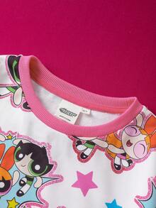THE POWERPUFF GIRLS X SHEIN Tween Girl Blossom, Bubbles, Buttercup Pattern Contrast Trim Loose Fit Crew Neck Sweatshirt, Autumn/Winter Girls Clothes Kids Sweaters For Girls Kawaii Clothes Kids - White - View 5