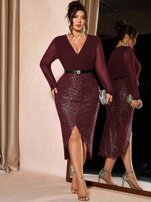 Allurite Figurbetontes Kleid für Damen in Große Größen mit V-Ausschnitt und Langarm, vielseitig einsetzbar, schlankend und verlängernd, geeignet für den täglichen Gebrauch und luxuriöse Partys - Bordeaux - Übersicht 4