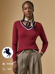 Briarwyn 女士时尚休闲粗针织V领圣诞毛衣 - 紅色 - 查看 3