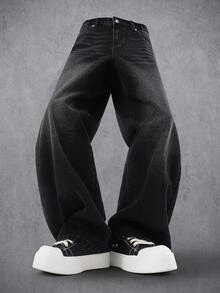 Manfinity Denimwave 男士几何图案口袋直筒休闲牛仔裤，适合外出聚会、通勤、度假、街头、垃圾摇滚风 - 黑色 - 查看 5