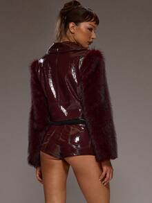 MUSERA Print PU Faux Fur Sleeves Cropped Biker Jacket Only Autumn Winter Sexy Elegant Occasion Party Evening  Valentines Elegant - Burgundy - View 4