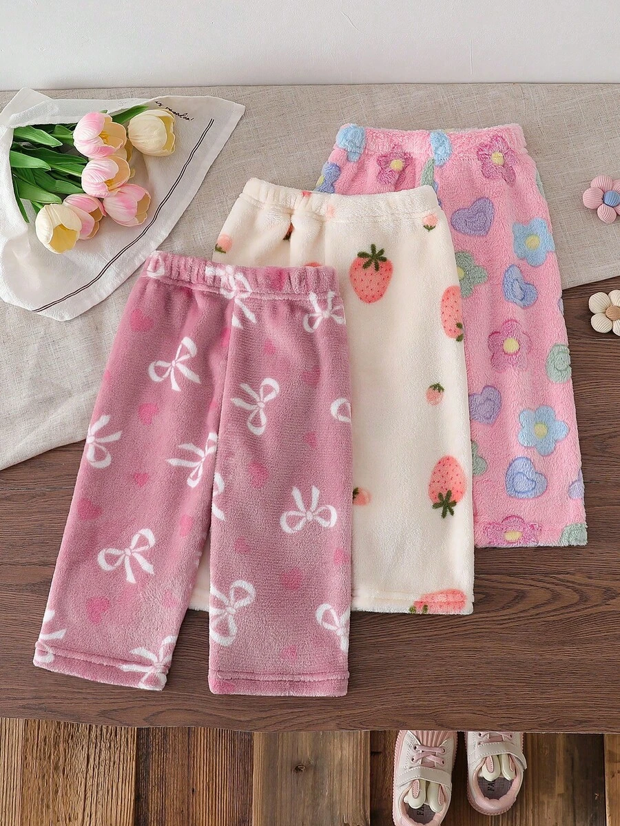 SHEIN 3pcs/Set Baby Girl Casual Strawberry, Bow, Flower Pattern Pants - Multicolor - View 1