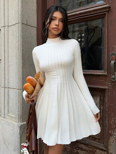 SHEIN EZwear Women's Solid Color Fitted A-Line High Neck Sweater Dress, Autumn