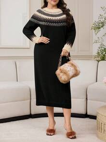 Modelyn Plus Size Casual Geometric Pattern Knit Dress, Autumn/Winter - Black - View 5