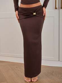 Aloruh Bộ 2 món áo thun dài tay và chân váy khóa kim loại màu nâu trơn dành cho nữ, Thu/Đông - màu nâu - Xem 5