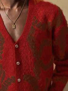 AKNOTIC Men's Casual Fashion - Loose Button-Up Cardigan Sweater - Contrast Jacquard Pattern - Machine Washable Or Dry Clean - Suitable For Autumn/Winter - Red - View 8