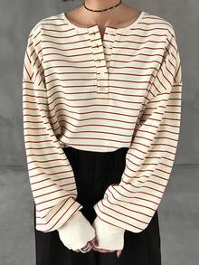 FRIFUL Women's Casual Loose Batwing Striped T-Shirt, Autumn - Red - View 4