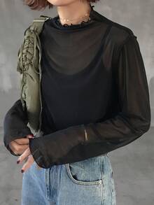 FRIFUL 女士灰色透视修身打底上衣 长袖 春季 - 黑色 - 查看 3