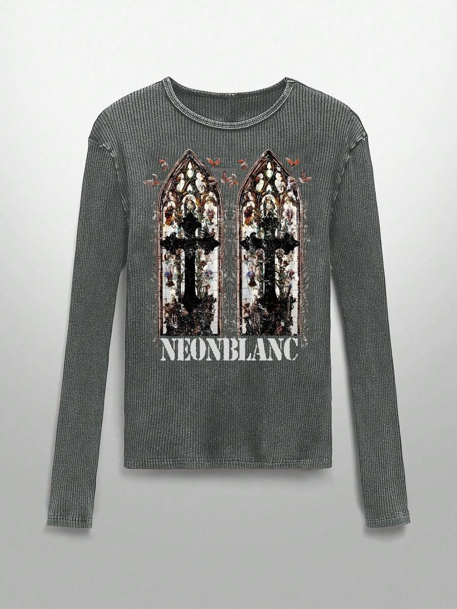 NEON BLANC Men's Crew Neck Long Sleeve Casual Ribbed Cross Pattern Stretchy T-Shirt