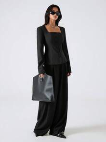 LYSMO Áo khoác blazer nữ cổ vuông tay dài cài nút đơn màu thời trang - màu đen - Xem 6
