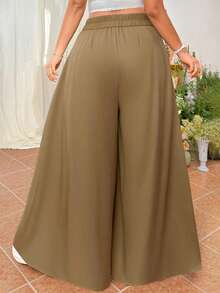 SHEIN EZwear 大码褶裥休闲阔腿裤，春夏款 - 卡其色 - 查看 2