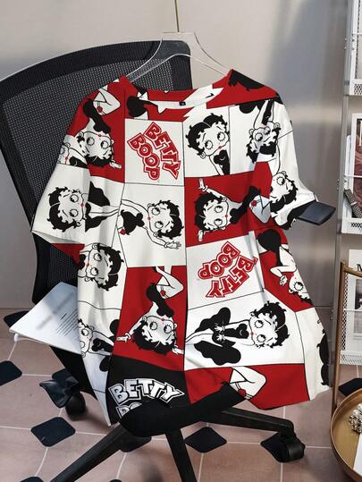 Betty Boop x SHEIN Plus Size Cartoon Figure Graphic Colorblock Round Neck Short Sleeve T-Shirt