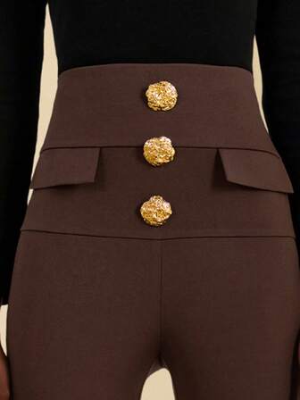 SHEIN Veneréa 秋冬新款复古简约优雅高腰柔软修身不对称金属纽扣女式打底裤