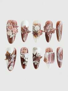 ROMWE Anime 10 piezas de uñas postizas de alta calidad con elemento de hoja de arce tridimensional pintado a mano + 3 hojas de cinta adhesiva de doble cara, uñas de rosas de cristal de mariposa reutilizables, forma de almendra media, adecuadas para fiestas, bailes y uso diario. - Multicolor - Ver 2