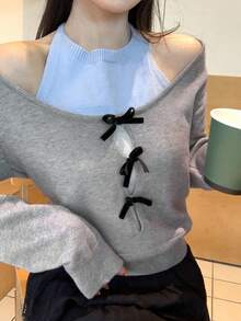 DAZY Sweater Rajut 2 in 1 Kasual Longgar Elegan dengan Hiasan Pita untuk Wanita, Musim Gugur/Dingin - Grey - View 1