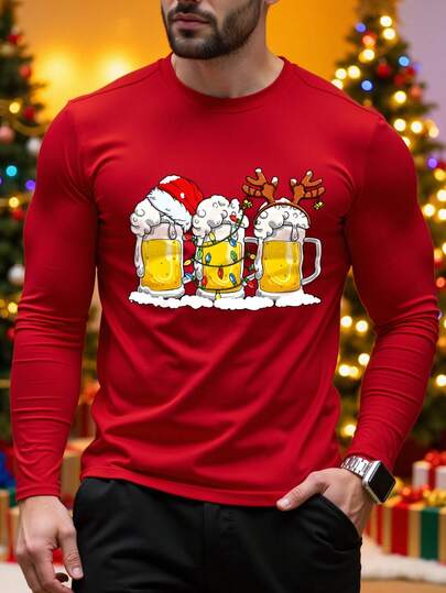 Manfinity Homme Felpa casual da uomo con grafica birra, manica lunga, girocollo, Natale