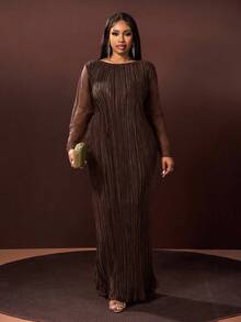 Veslaya 秋冬新品，优雅百搭，适合派对、约会、晚宴、毕业典礼、生日、婚礼等场合，宽松纯绿色网纱拼接长袖A字褶皱长裙，大码 - 圣诞连衣裙 - 棕色 - 查看 1