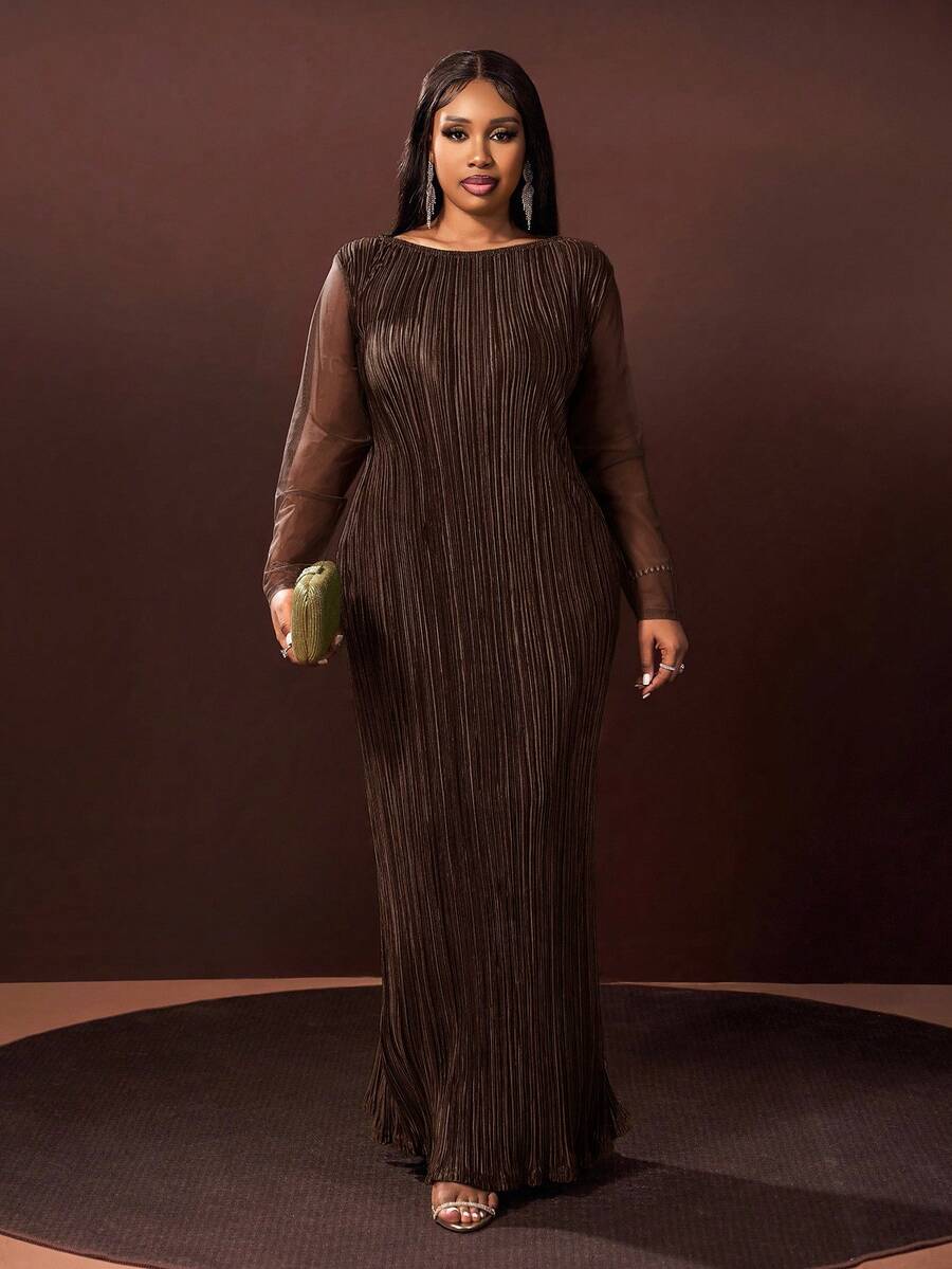 Veslaya 秋冬新品，优雅百搭，适合派对、约会、晚宴、毕业典礼、生日、婚礼等场合，宽松纯绿色网纱拼接长袖A字褶皱长裙，大码 - 圣诞连衣裙 - 棕色 - 查看 1
