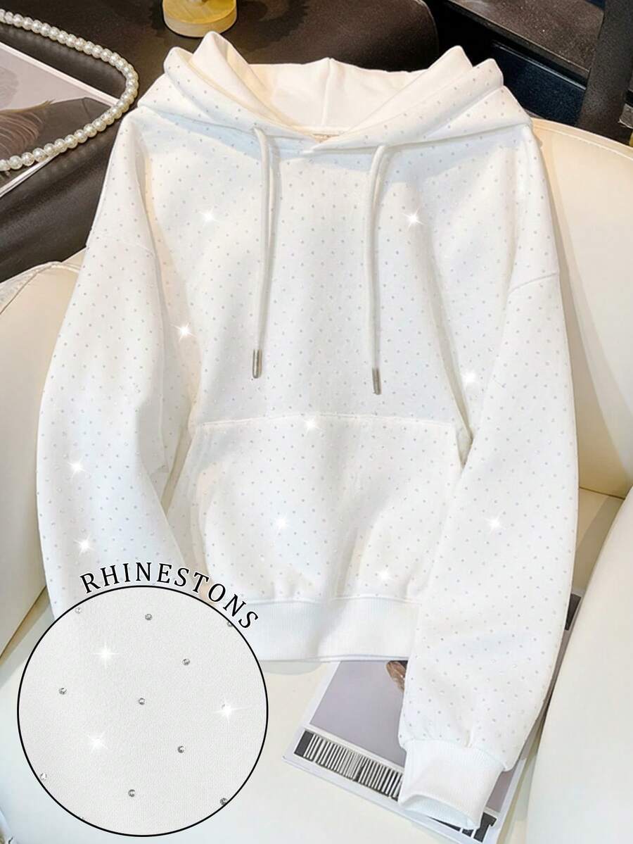 Resyla 闪亮水钻装饰女式常规款连帽长袖运动衫，秋冬款 - 白色 - 查看 1