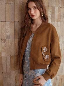 MOTF PREMIUM WOMEN'S AUTUMN/WINTER SUEDE EMBROIDERY FLORAL SHORT JACKET - Brown - View 2