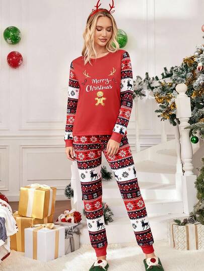 2件套女士舒适简约节日圣诞图案长袖上衣和裤子数码印花睡衣套装，配套红色睡衣套装，圣诞睡衣套装，驯鹿睡衣套装，冬季服装