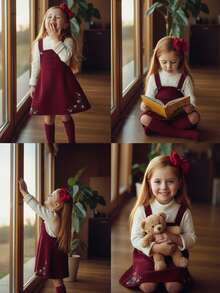 Emery Rose Kids Emery Rose Kids Young Girl Cute Casual Vintage Ditsy Floral Print Embroidery Overall Dress Without Tee ,Fall & Winter, Must-Have, Great For Casual & Daily Wear & School DailyVersatile. Red For Christmas ,For Holiday. - Red - View 10