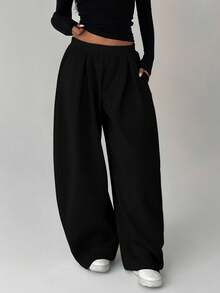 FavEase 女士抓绒弹力腰纯色褶皱休闲运动裤 - 黑色 - 查看 4