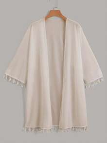 Swim Basics Women's Solid Color Fringe Sleeve Loose Kimono Cover Up, Suitable For Vacation - Khaki - View 4