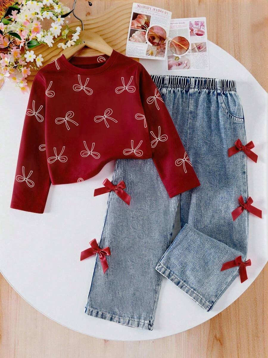 SHEIN Playful Pals Girls Casual Cute Round Neck Raglan Sleeve Loose Cropped Butterfly Print T-Shirt And Elastic Waist Straight Loose Jeans Pants With 3D Bow Design, Back To School Outfit, All Season - Burgundy - View 1