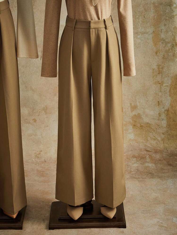 Elegant Fashion Design Pleated Pocket Solid Color Straight Leg Pants, Petite