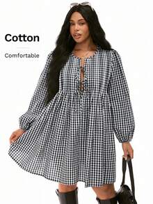 Solavibe Vestido casual de talla grande con cordones y estampado de cuadros - Blanco y Negro - Ver 5