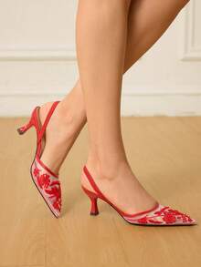 CUCCOO HITCHD 女士时尚黑色花朵优雅派对高跟凉鞋 - 紅色 - 查看 3