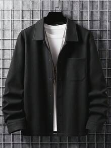 Manfinity Homme 男士口袋贴扣大衣，男士夹克，长袖，黑色，休闲，秋冬 - 黑色 - 查看 6