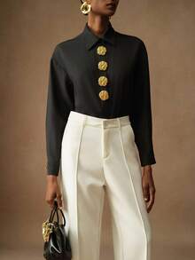 Vesra Camisa de manga larga con botones y estampado floral de unicolor para mujer