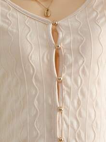 Teen Girls Apricot Solid Textured Knit Fabric Casual Vacation Button V-Neck Long Sleeve Cardigan And Mini Skirt 2-Piece Set, Suitable For Dates, Afternoon Tea, Beach, Cruise, City Vacation, All Seasons, Wedding, Music Festival Top And Skirt Set - Apricot - View 4