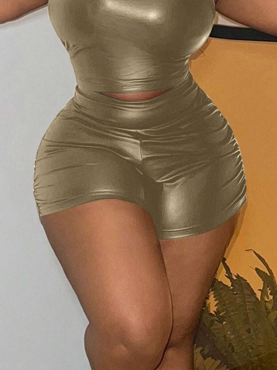 Slaydiva Quần short nữ cỡ lớn, thanh lịch, cạp cao, ôm sát, màu đen trơn, xếp ly hai bên, chất liệu vải phủ PU. - màu xanh lá - Xem 1